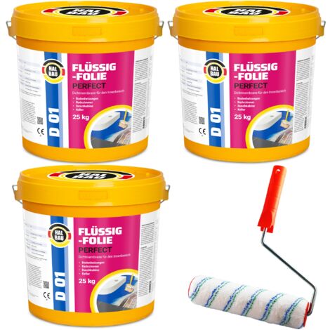 HALBAU Flüssigfolie Perfect Badabdichtung Dichtmembran Dichtfolie + Farbroller 25cm D01 - 75KG