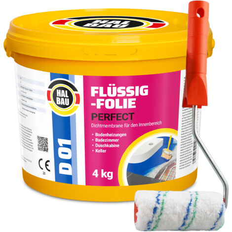 HALBAU Flüssigfolie Perfect Badabdichtung Dichtmembran Dichtfolie + Farbroller 10cm D01 - 4KG