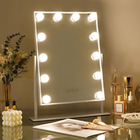 FENCHILIN Hollywood espejo espejo de maquillaje con iluminación 12 luces LED regulables Espejo de maquillaje giratorio 360° con 3 colores de luz 10 aumentos Control táctil Blanco 30cm x41 cm
