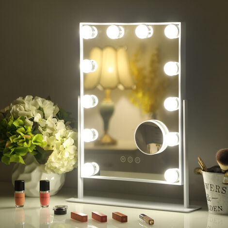 FENCHILIN Hollywood espejo espejo de maquillaje con iluminación 12 luces LED regulables Espejo de maquillaje giratorio 360° con 3 colores de luz 10 aumentos Control táctil Blanco 30cm x41 cm