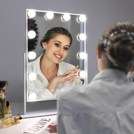 FENCHILIN Hollywood espejo espejo de maquillaje con iluminación 12 luces LED regulables Espejo de maquillaje giratorio 360° con 3 colores de luz 10 aumentos Control táctil Blanco 30cm x41 cm