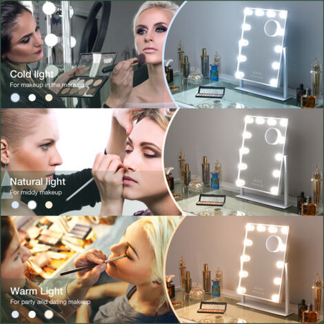 FENCHILIN Hollywood espejo espejo de maquillaje con iluminación 12 luces LED regulables Espejo de maquillaje giratorio 360° con 3 colores de luz 10 aumentos Control táctil Blanco 30cm x41 cm