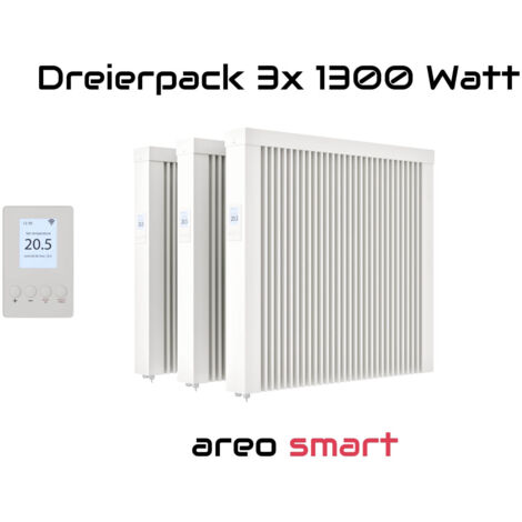 Elektroheizung Dreierpack 3x 1300 Watt Flächenspeicherheizung areo smart - digitales Thermostat mit LCD-Display - Option zur Appsteuerung von eVARMO