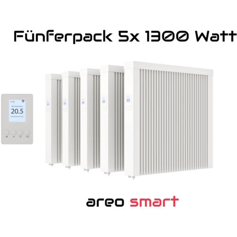 Elektroheizung Fünferpack 5x 1300 Watt Flächenspeicherheizung areo smart - digitales Thermostat mit LCD-Display - Option zur Appsteuerung von eVARMO