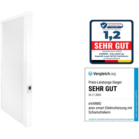 Elektroheizung areo smart up hohe Flächenspeicherheizung 1500 Watt - digitales Thermostat mit LCD-Display - Option zur Appsteuerung von eVARMO