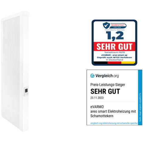 Elektroheizung areo smart up hohe Flächenspeicherheizung 1000 Watt - digitales Thermostat mit LCD-Display - Option zur Appsteuerung von eVARMO