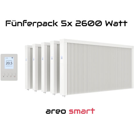 Elektroheizung Fünferpack 5x 2600 Watt Flächenspeicherheizung areo smart - digitales Thermostat mit LCD-Display - Option zur Appsteuerung von eVARMO