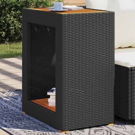 GartenBeistelltisch mit Holzplatte Schwarz Poly Rattan