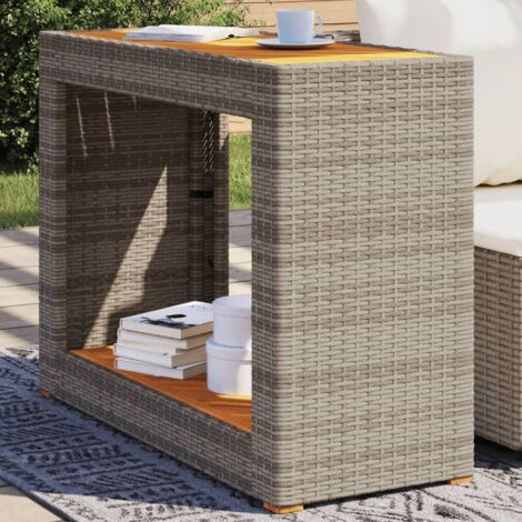GartenBeistelltisch mit Holzplatte Grau Poly Rattan