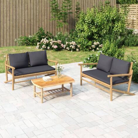 3tlg. GartenLoungeSet mit Dunkelgrauen Kissen Bambus