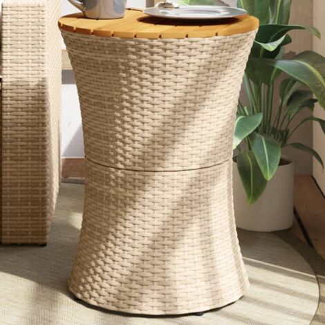GartenBeistelltisch Trommelform Beige Poly Rattan Massivholz