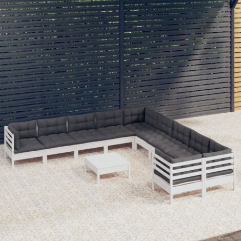 11tlg. GartenLoungeSet mit Kissen Weiß Kiefernholz