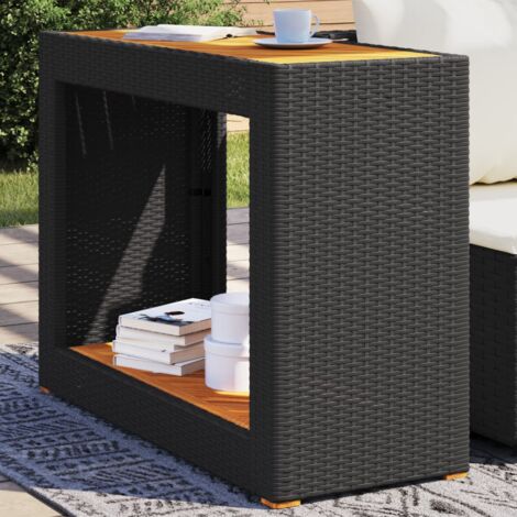 GartenBeistelltisch mit Holzplatte Schwarz Poly Rattan
