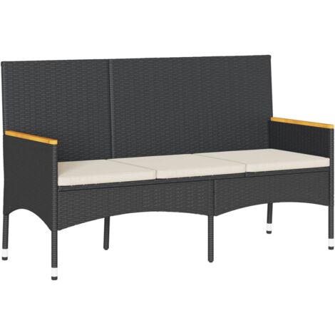 Gartenbank 3Sitzer mit Kissen Schwarz Poly Rattan