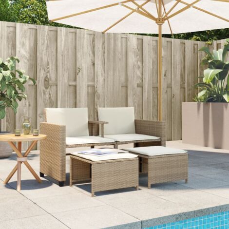 Gartensofa 2Sitzer mit Tisch und Hockern Beige Poly Rattan