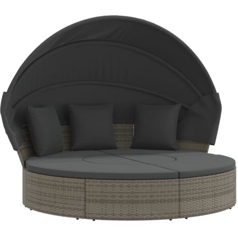 OutdoorLoungebett mit Dach und Kissen Grau Poly Rattan