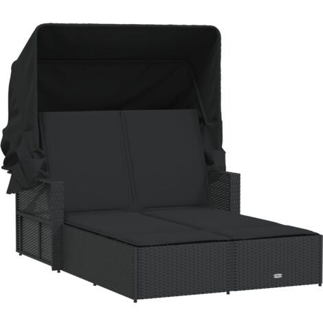DoppelSonnenliege mit Dach und Auflagen Schwarz Poly Rattan