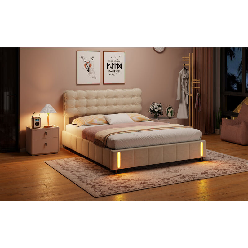 Lit Coffre 140 X 200 Avec Sommier Lit Rembourré 2 Personnes, Lit