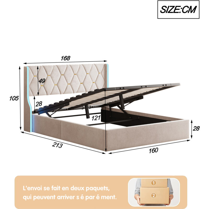 Lit Double 160x200 Cm Avec Tête De Lit Coffre Et Tiroirs, Ports USB/Type-C - Structure Bois Chêne, Sans Matelas - Rangement Intégré