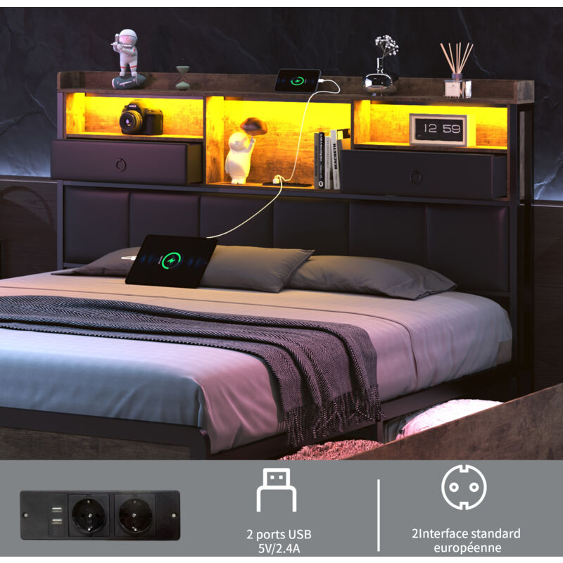 Lit Rembourré 160 X 200 Cm - Éclairage Led Et Prise USB, Tête De Lit Avec Etageres Et Rangement Hydraulique Pour Stockage Gris 97123116