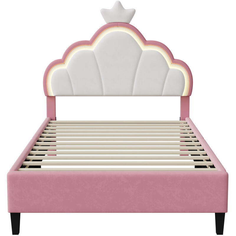 Lit Enfant Lit 90x200 Cm Lit Princesse En Forme De Couronne Rembourrage Led Reglable Blanc