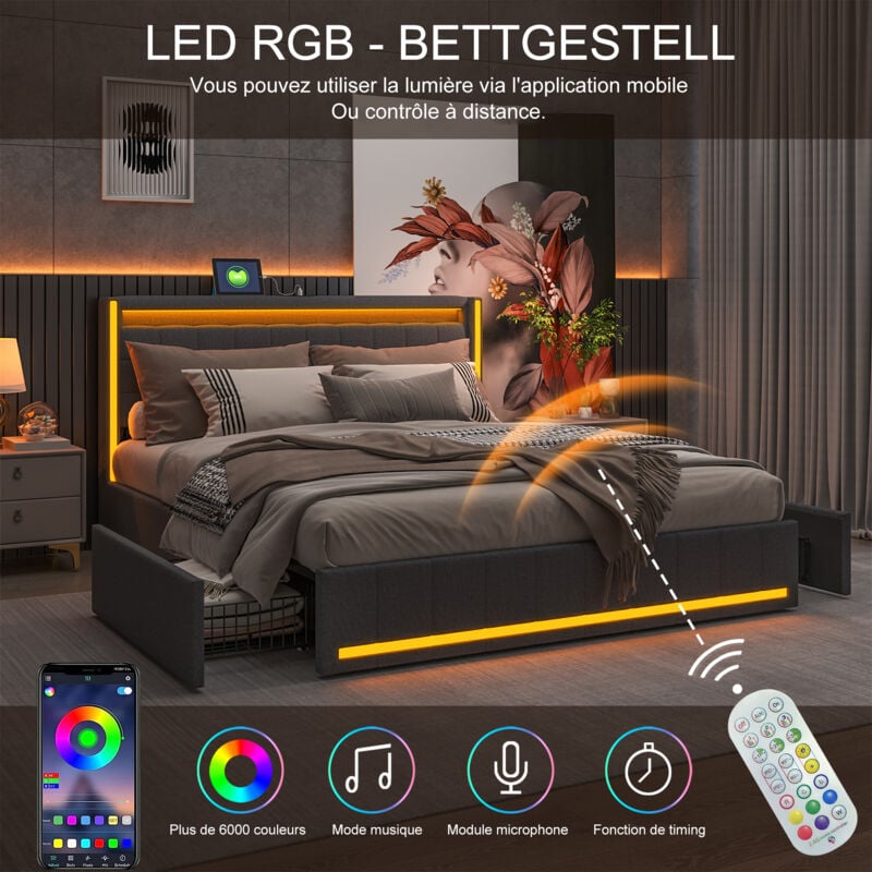 Lit Double 140x190 Cm, Lit Coffre Avec Port USB Et éclairage LED, Lit