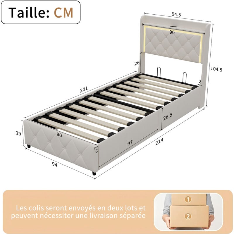 Lit Coffre Rembourré Avec USB 90x200 Cm, Lit Simple LED Avec Sommier à