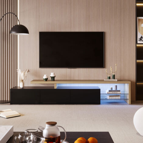 Pergar – Meuble TV 200 cm noir avec éclairage LED – Rangement MDF E1 – Étagères en verre – Dimensions 200x39x42 cm