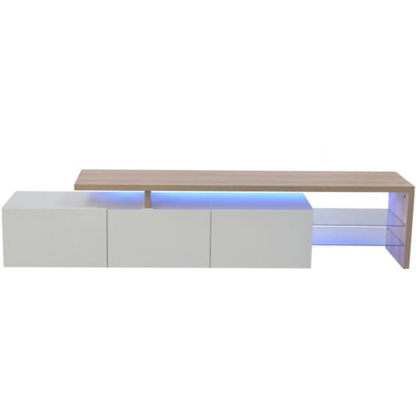Meuble TV 200 cm,avec éclairage LED, rangement, aspect bois, étagères en verre, blanc,200x39x41 cm