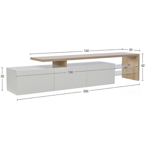 Meuble TV 200 cm,avec éclairage LED, rangement, aspect bois, étagères en verre, blanc,200x39x41 cm