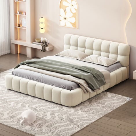 Lit adulte 140 x 200,lit double,lit capitonné,lit au sol, lit bas,avec tête de lit et dossier souple,sommier à lattes,scandinave moderne,lin,Beige
