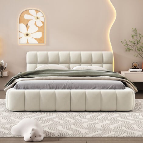 Lit adulte 140 x 200,lit double,lit capitonné,lit au sol, lit bas,avec tête de lit et dossier souple,sommier à lattes,scandinave moderne,lin,Beige