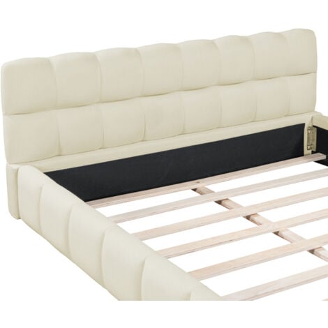 Lit adulte 140 x 200,lit double,lit capitonné,lit au sol, lit bas,avec tête de lit et dossier souple,sommier à lattes,scandinave moderne,lin,Beige
