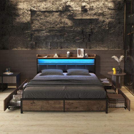 lit double 180x200,lit 180 x 200,lit capitonné,lit adulte,sommier à lattes et tiroirs,LED,rangement de chevet,PU,noir