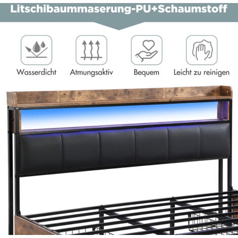 lit double 180x200,lit 180 x 200,lit capitonné,lit adulte,sommier à lattes et tiroirs,LED,rangement de chevet,PU,noir