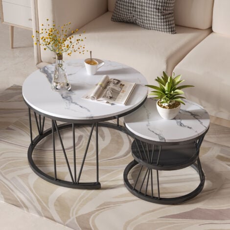 Ensemble de 2 tables basses gigognes modernes, placage de marbre,ronde,noir et blanc,70x70x45 cm,45x45x40 cm