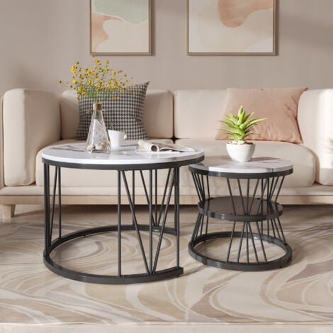 Ensemble de 2 tables basses gigognes modernes, placage de marbre,ronde,noir et blanc,70x70x45 cm,45x45x40 cm