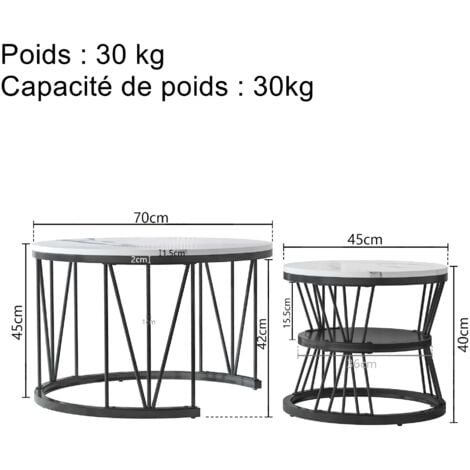 Ensemble de 2 tables basses gigognes modernes, placage de marbre,ronde,noir et blanc,70x70x45 cm,45x45x40 cm