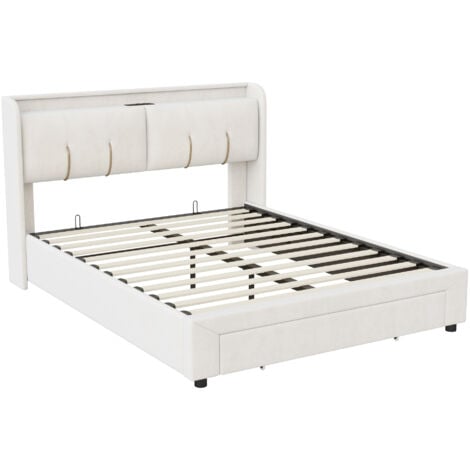 Lit coffre 160x200, lit double capitonné, tête de lit avec rangement caché, tiroirs au bout du lit, bande lumineuse de chevet, port de chargement USB, velours, blanc
