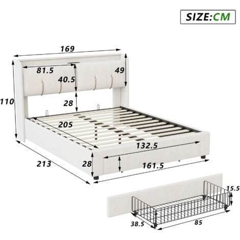 Lit coffre 160x200, lit double capitonné, tête de lit avec rangement caché, tiroirs au bout du lit, bande lumineuse de chevet, port de chargement USB, velours, blanc