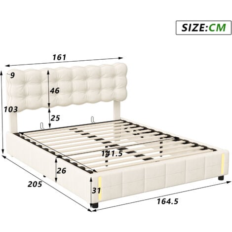 lit 160 x 200 avec sommier,lit coffre 160 x 200,lit rembourré double avec levier hydraulique,Lumières LED au bout du lit,velours,Beige