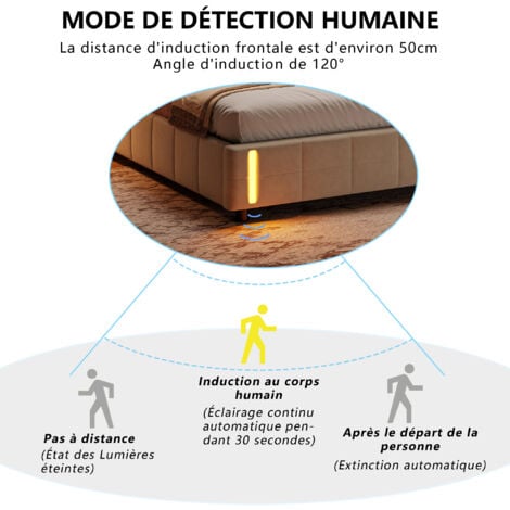 lit 160 x 200 avec sommier,lit coffre 160 x 200,lit rembourré double avec levier hydraulique,Lumières LED au bout du lit,velours,Beige