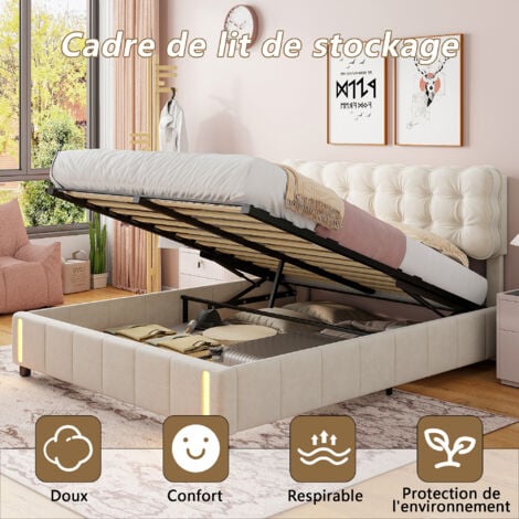 lit 160 x 200 avec sommier,lit coffre 160 x 200,lit rembourré double avec levier hydraulique,Lumières LED au bout du lit,velours,Beige