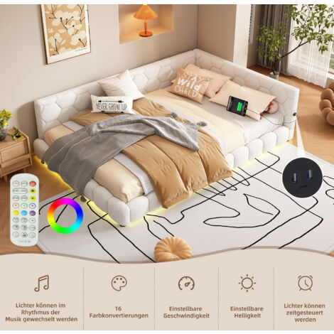 Canapé-lit Capitonné En L 140x200 Cm Avec Lumières LED Et Port USB - Rangement Intégré Et Tête De Lit Confortable - Couleur Beige - 4