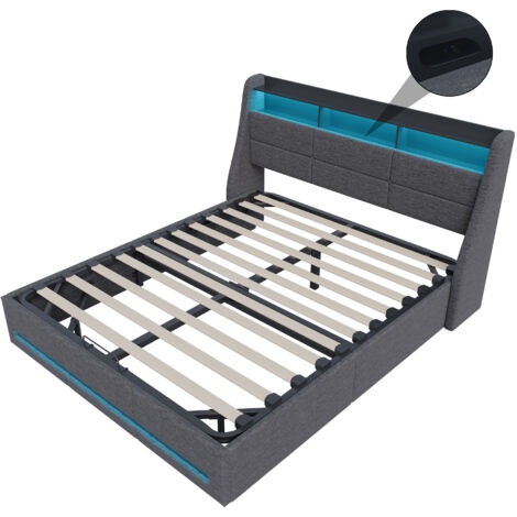 Lit Coffre 140x200 Avec LED Et USB - Sommier Intégré, Tête De Lit Escamotable, Rangement Hydraulique - Noir