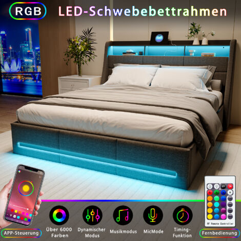 Lit Coffre 140x200 Avec Sommier Et LEDs - Tête De Lit Escamotable, Ports USB - Espace Rangement - Noir