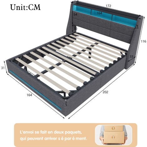 lit coffre 160x200,Lit adult 160x200,lit 160x200,lit capitonné,lit double ,LED réglable et chargement USB,lin,Gris foncé