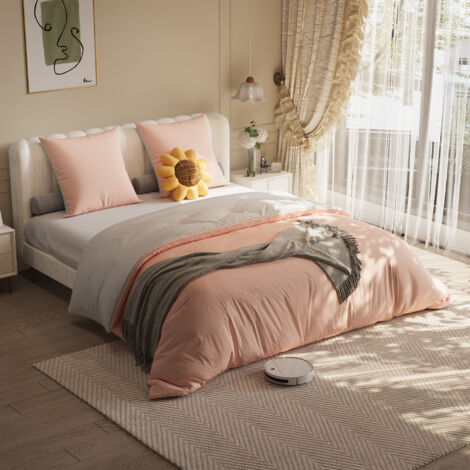 Parure de lit 4 pièces en polyester,avec drap-housse et housse,pour lit 160x200 cm - Rose + Gris clair - Pratique, confortable et facile à entretenir