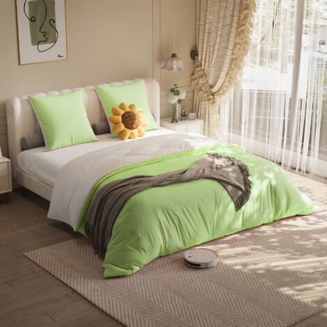 Parure de lit 4 pièces en polyester,avec drap-housse et housse,pour lit 140x200 cm - Blanc + Vert - Pratique, confortable et facile à entretenir
