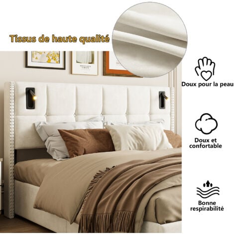 Lit coffre 160x200, lit 160x200 avec sommier, lit double capitonné, lit adulte avec liseuse intelligente, design rivets, velours, beige